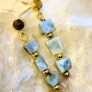 Classic Natural Blue Larimar In Simple Designed Gold Plated Earrings